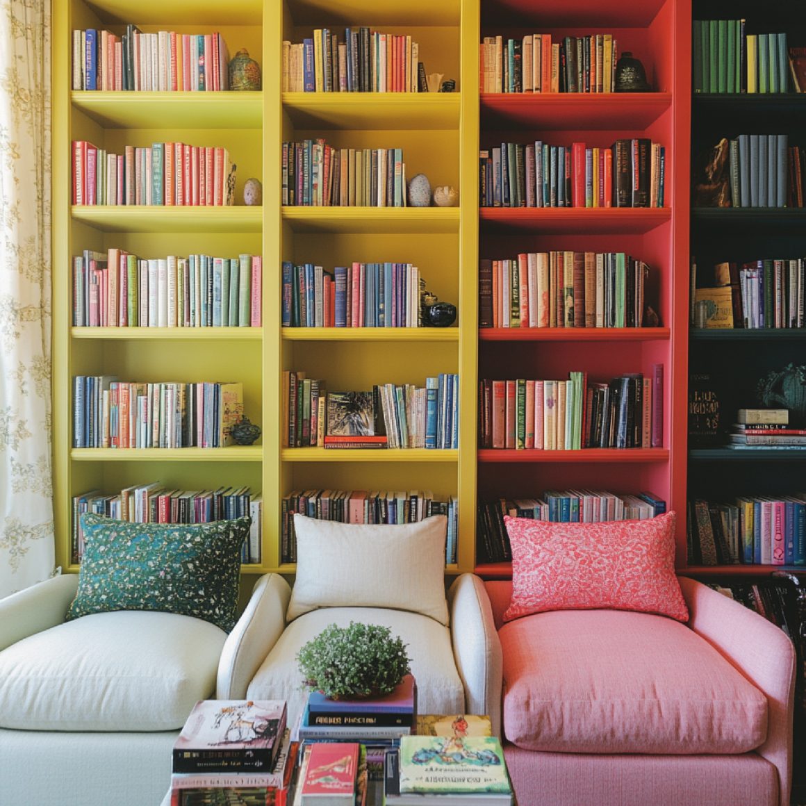 Relookez votre bibliothèque en deux couleurs, jaune et sauman, qui s’harmonisent parfaitement.
