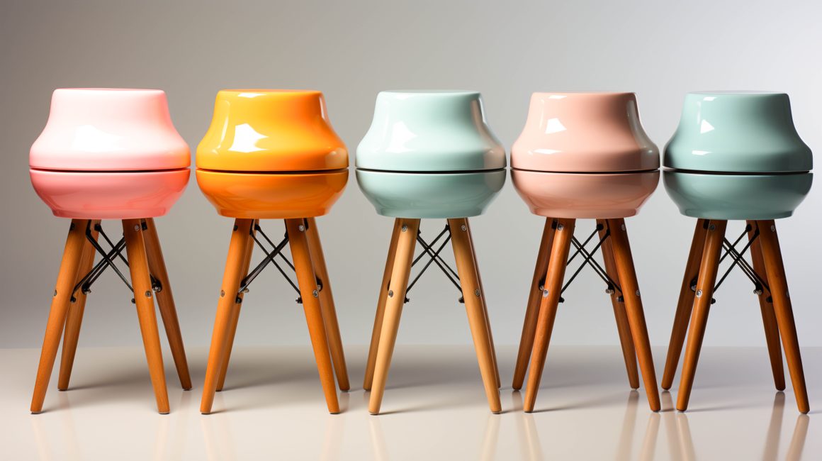 Chaises de style vintage repeintes en différentes couleurs, apportant de la lumière.