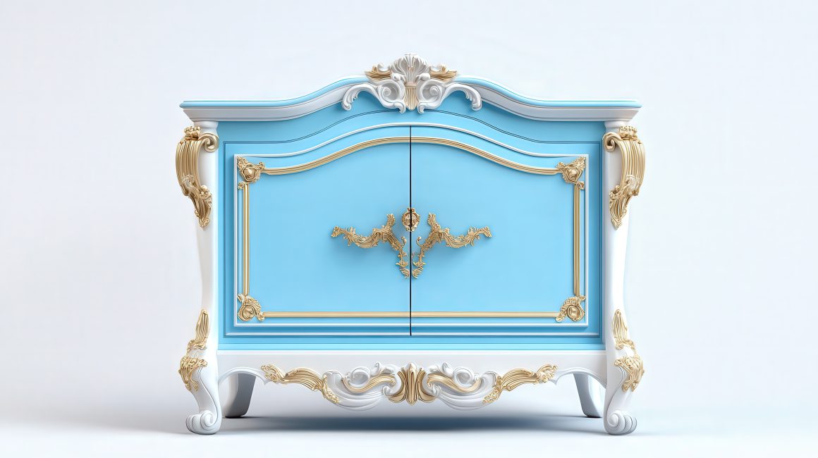 Magnifique commode de style vintage, repeinte en bleu layette et blanc.