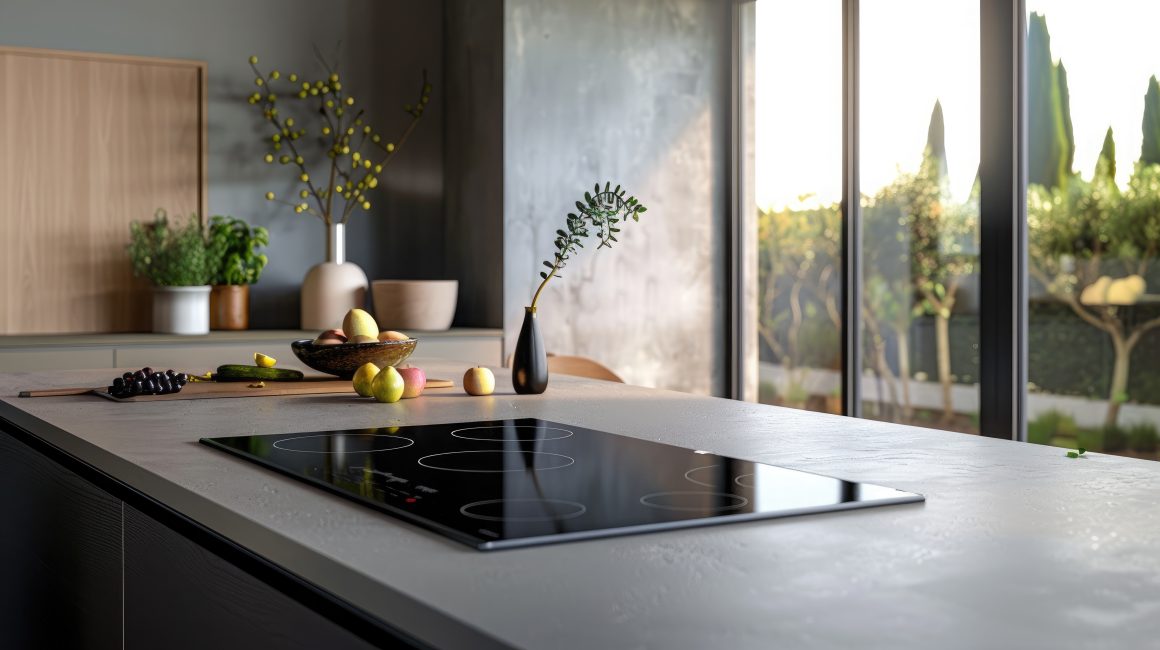Cuisine moderne équipée avec plaque de cuisson électrique.