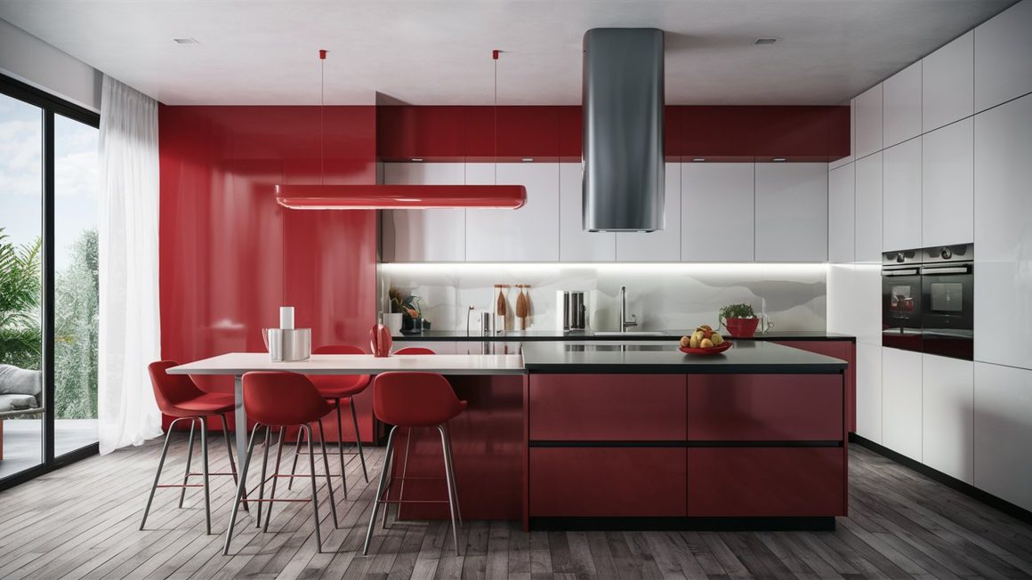 Modèle de cuisine moderne avec lot central et équipements modernes.