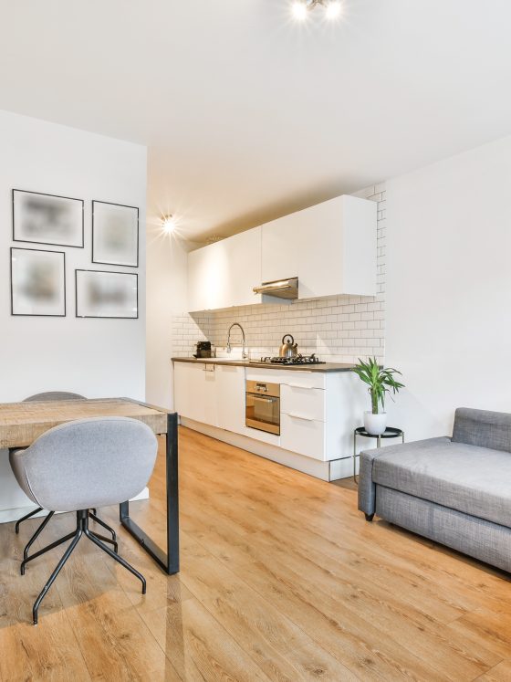 Studio avec cuisine et salon incluant canapé gris, table en bois, chaises grises et décor minimaliste.