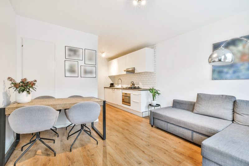 Studio avec cuisine et salon incluant canapé gris, table en bois, chaises grises et décor minimaliste.