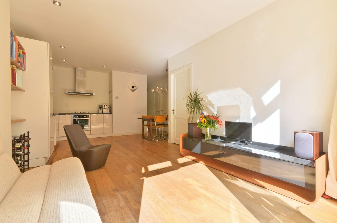 Mobilier minimaliste, couleurs claires, étagères ouvertes et plantes utilisés pour décorer un petit appartement.