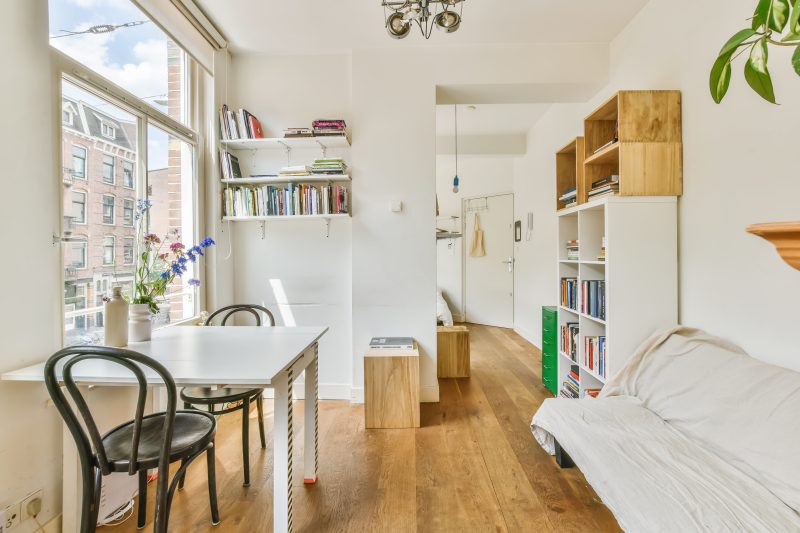 Décoration pour petit appartement cosy avec des couleurs claires, plantes et étagères ouvertes.