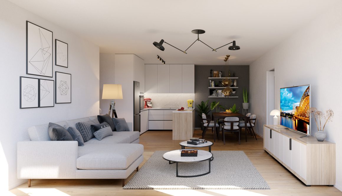 Décoration pour petit appartement incluant art mural minimaliste, plantes, couleurs claires et suspension.