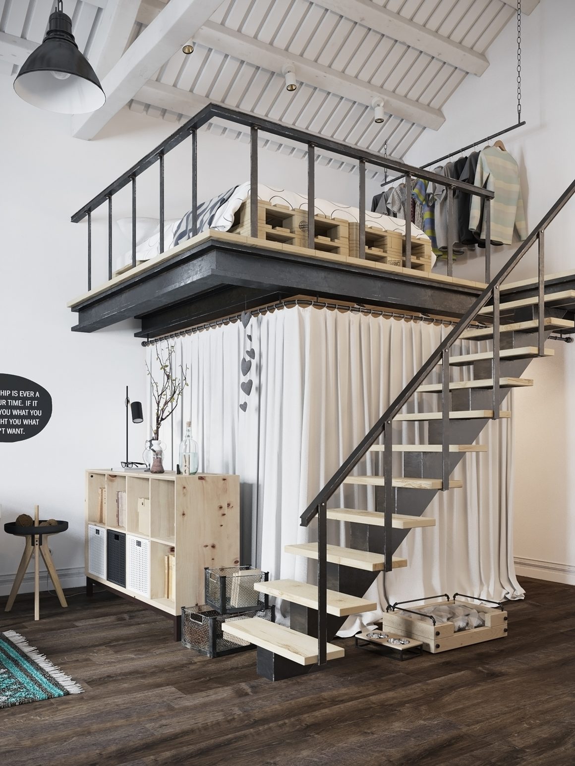 Aménagement studio 20m2 avec mezzanine, escalier en métal et bois, rangements et rideaux.