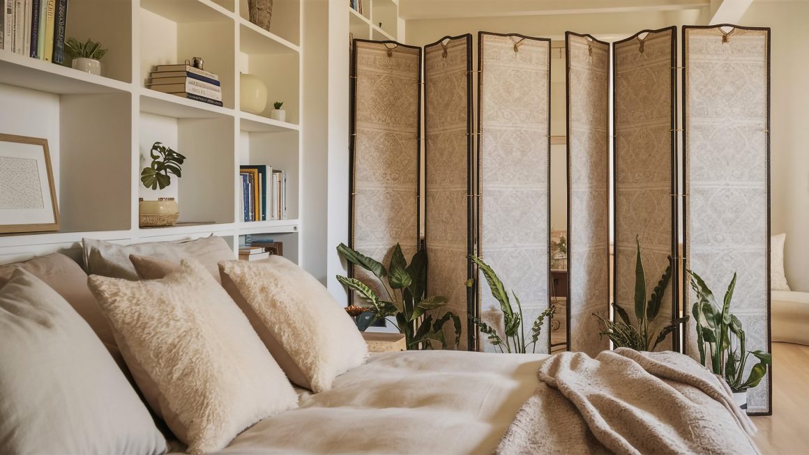 Chambre cosy avec literie beige, coussins moelleux, bibliothèque , plantes et paravent.