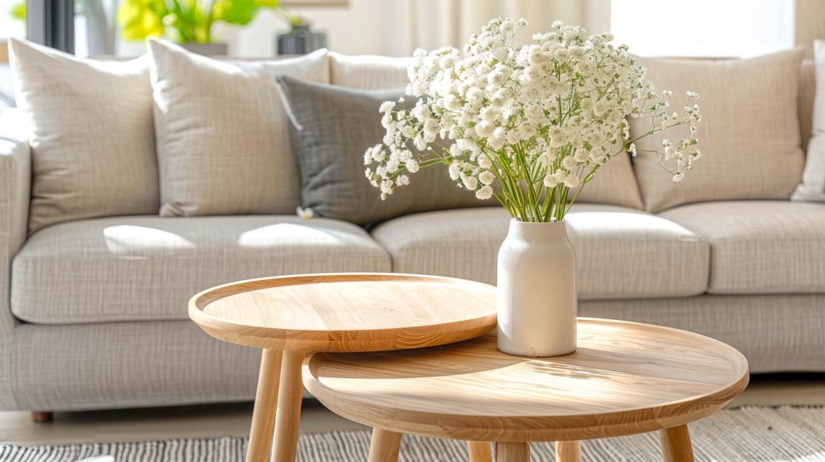 Canapé beige clair, coussins et tables basses en bois incluant vase blanc avec fleurs blanches.