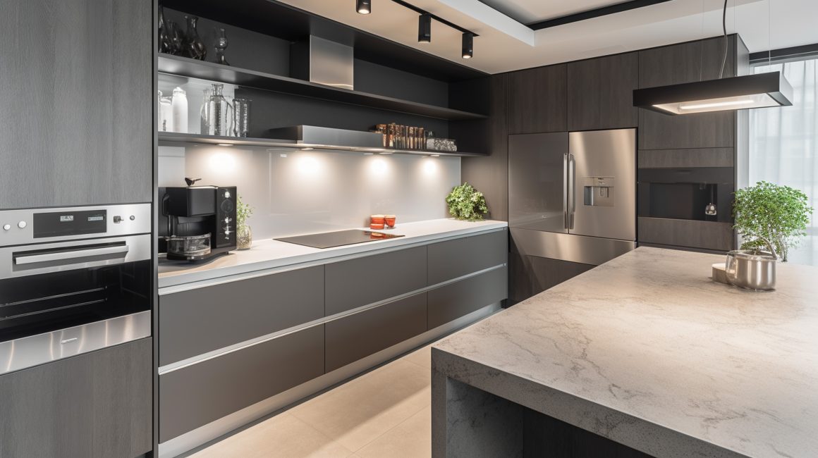 Modèle de cuisine moderne avec îlot marbré, armoires foncées, appareils en acier inoxydable et éclairage intégré.