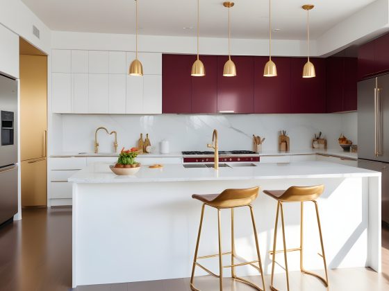 Style de cuisine moderne avec îlot blanc, meubles bordeaux, armoires blanches, accents dorés, électroménagers inox et luminaires suspendus.