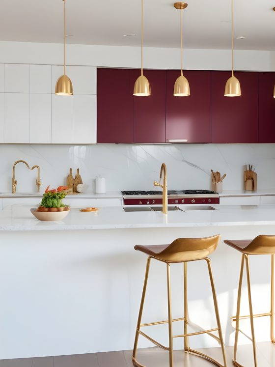 Style de cuisine moderne avec îlot blanc, meubles bordeaux, armoires blanches, accents dorés, électroménagers inox et luminaires suspendus.