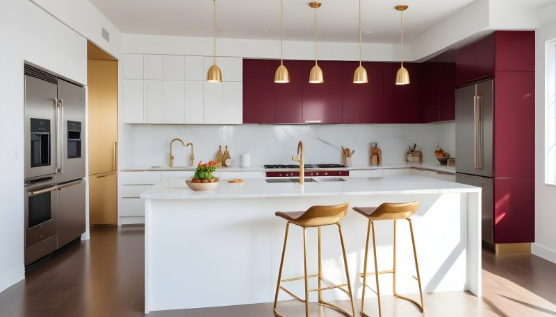 Style de cuisine moderne avec îlot blanc, meubles bordeaux, armoires blanches, accents dorés, électroménagers inox et luminaires suspendus.