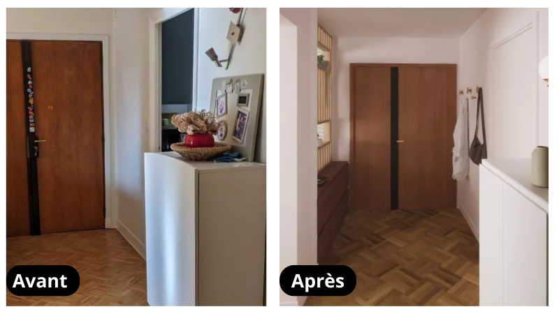 Entrée rénovée avec porte en bois marron, sol parquet, murs clairs et mobilier simple et élégant.