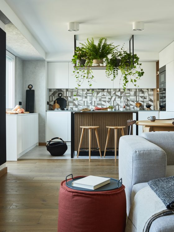 Aménagement intérieur maison incluant salon moderne avec cuisine ouverte.