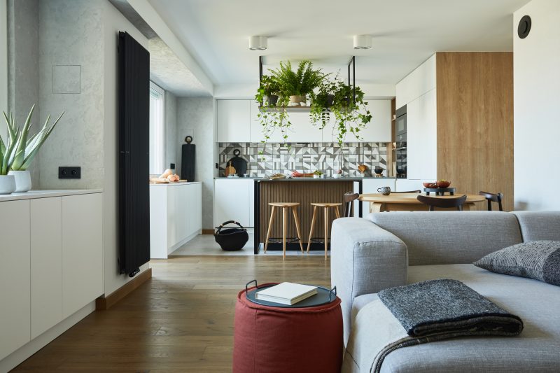 Aménagement intérieur maison incluant salon moderne avec cuisine ouverte.