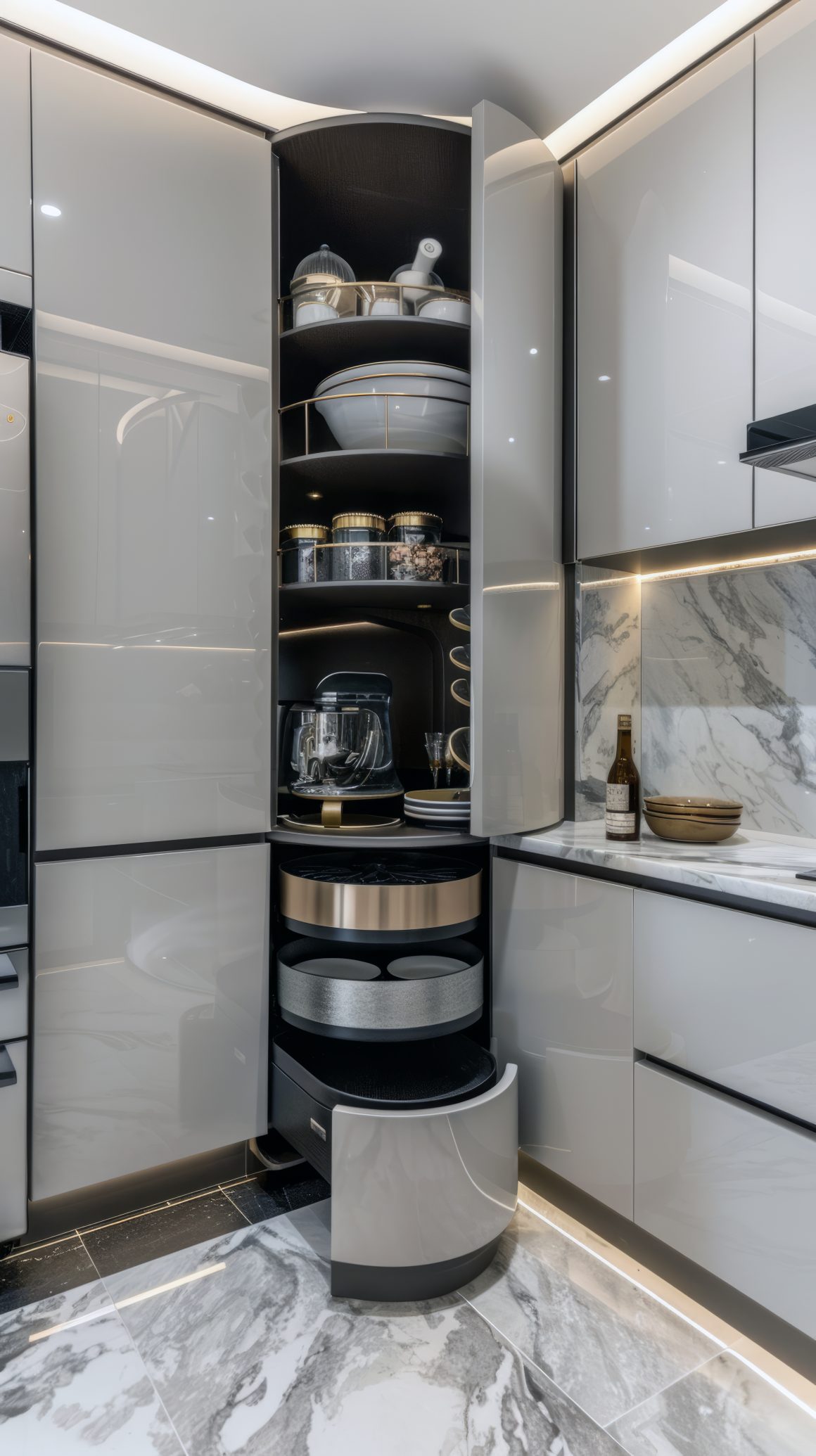 Cuisine moderne avec rangement en colonne, appareils encastrés et design épuré.