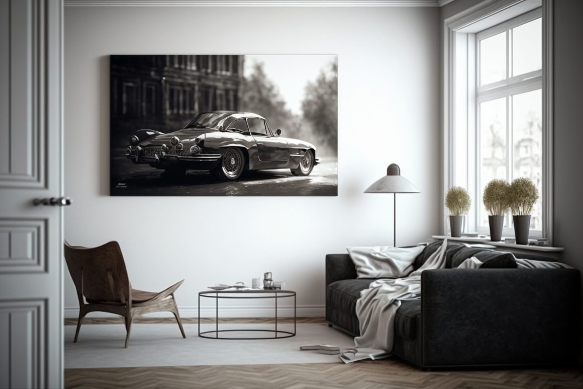 Salon moderne avec tableau voiture, canapé noir, chaise en bois, plantes et grande fenêtre lumineuse