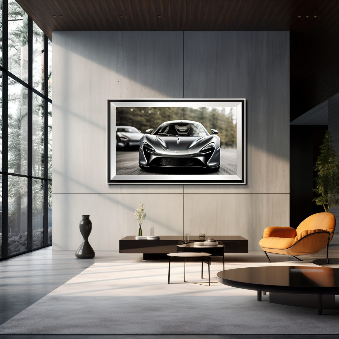 Salon moderne avec mobilier élégant, lumière naturelle et grand cadre photo de voiture sportive.