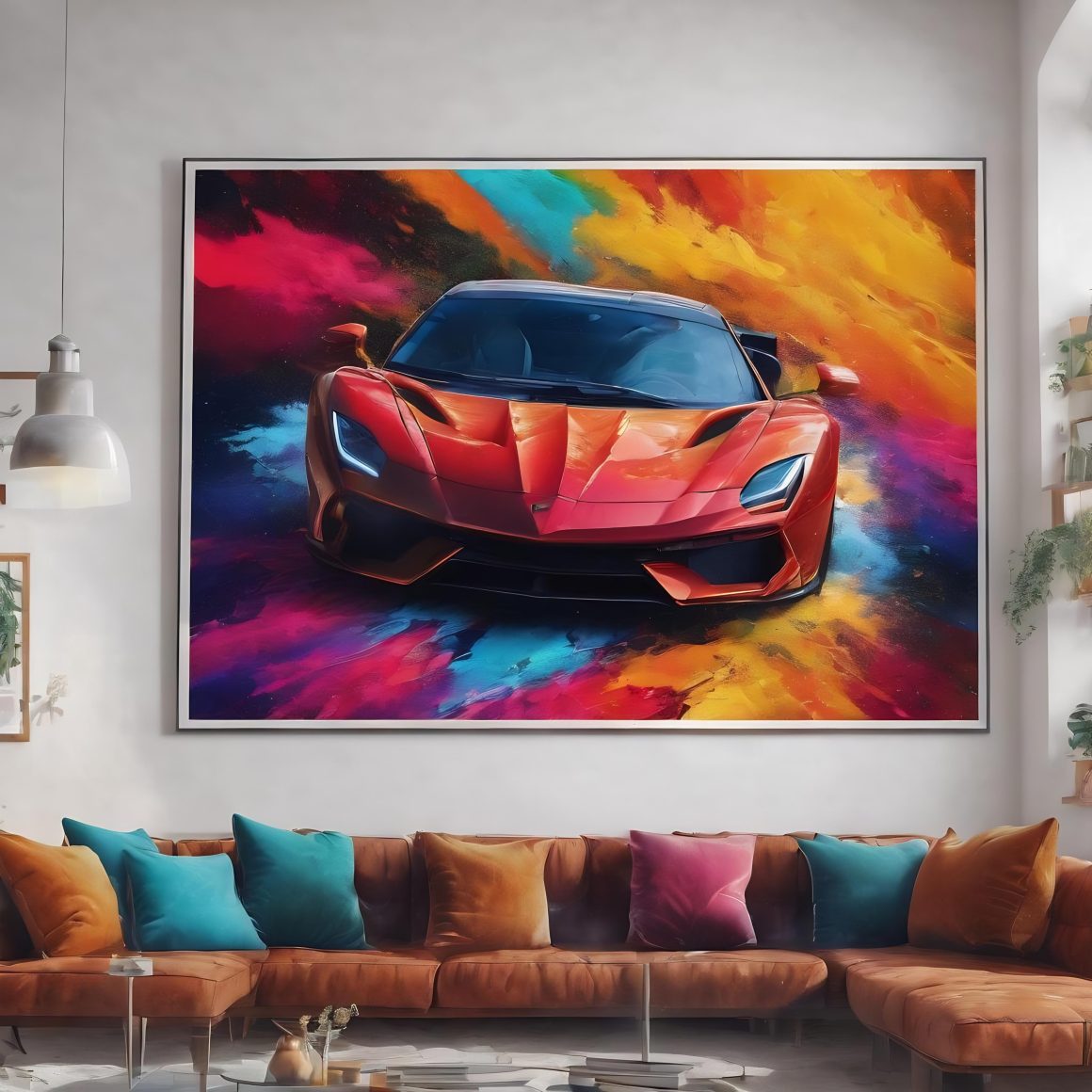 Salon contemporain avec grande affiche de voiture rouge, canapé en cuir marron et coussins colorés.