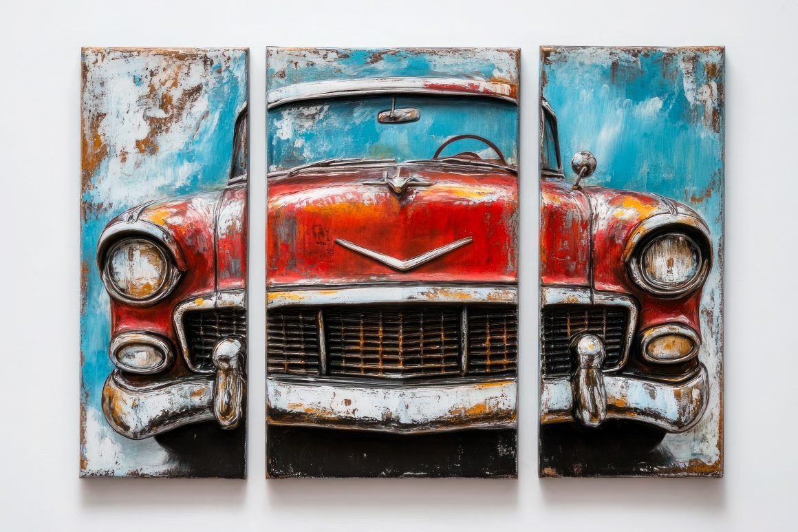 Cadre vintage rouge avec peinture triptyque et fond bleu