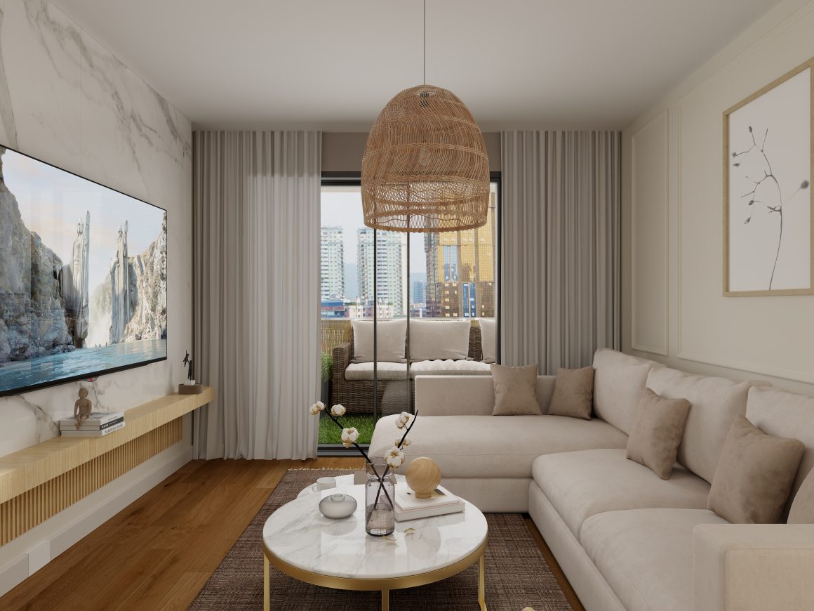 Salon moderne avec canapé en L beige, table ronde suspension tressée et