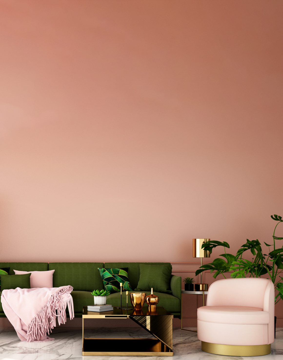 Canapé pour salon vert avec fauteuil rose, mur saumon, table noire et plantes.