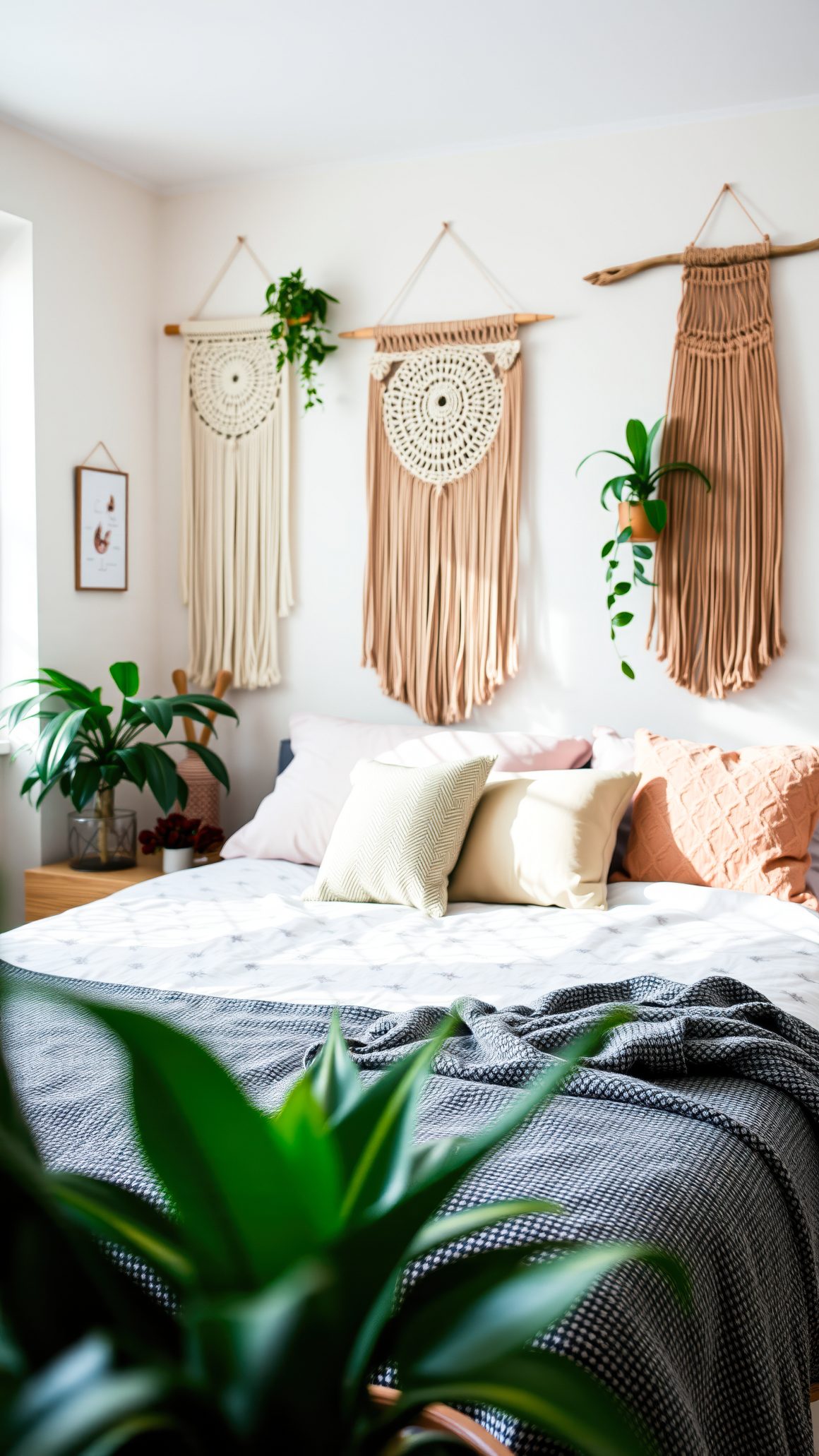 Décoration chambre style bohème naturel avec déco murale en macramé beige et crème et plantes vertes.