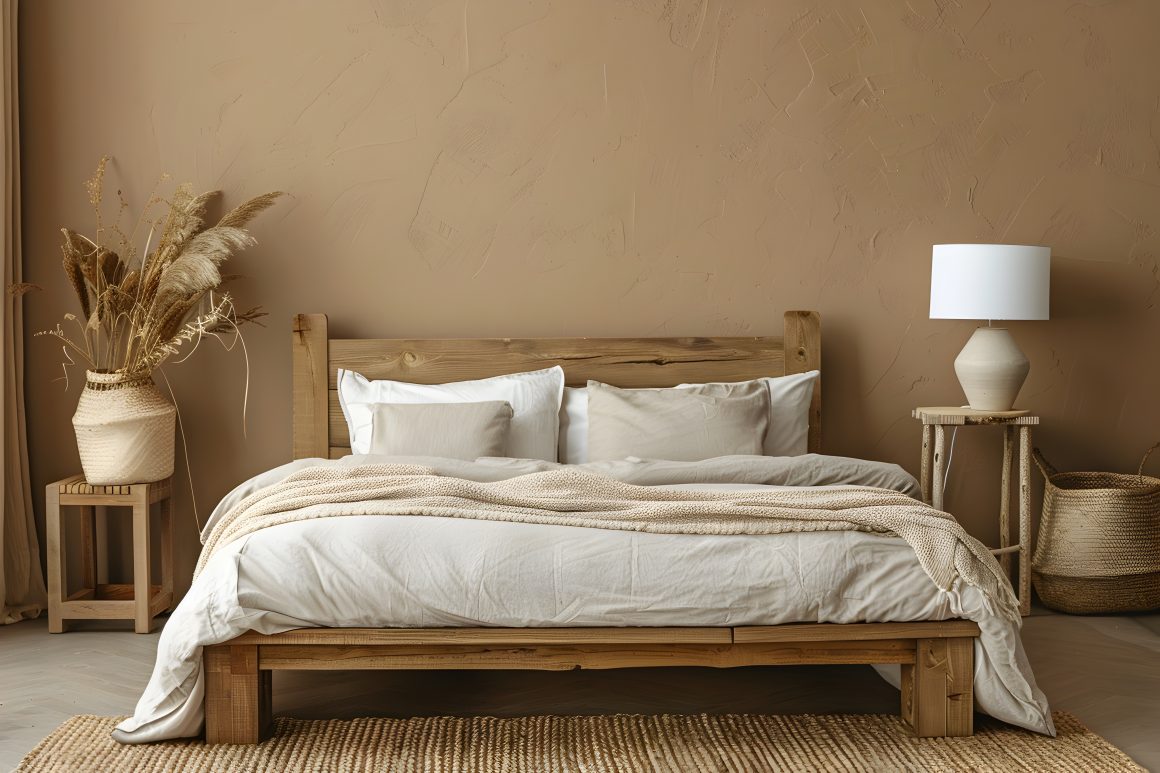 Chambre apaisante et cosy avec lit en bois naturel, lampadaire blanc et plantes séchées.