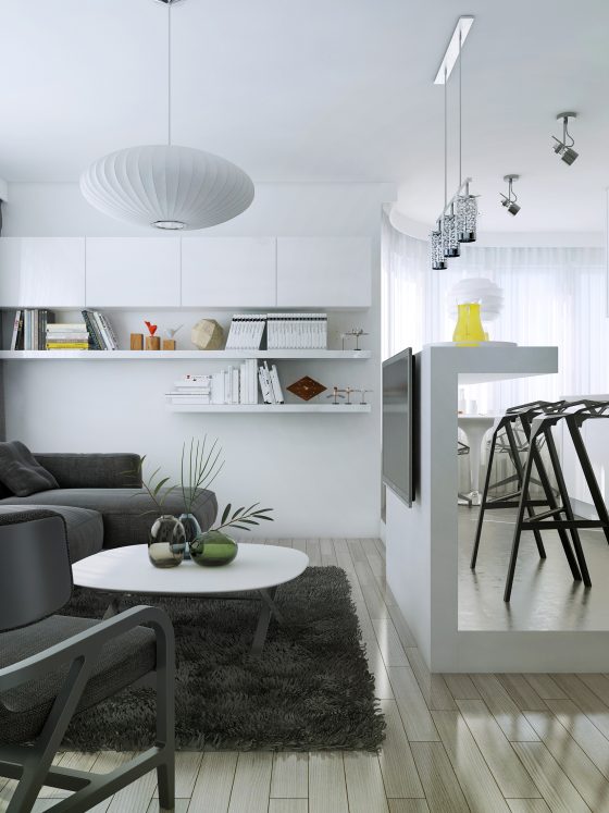Cuisine ouverte sur salon 25m2 avec mobilier blanc brillant, canapé, table basse, tapis et étagères murales.