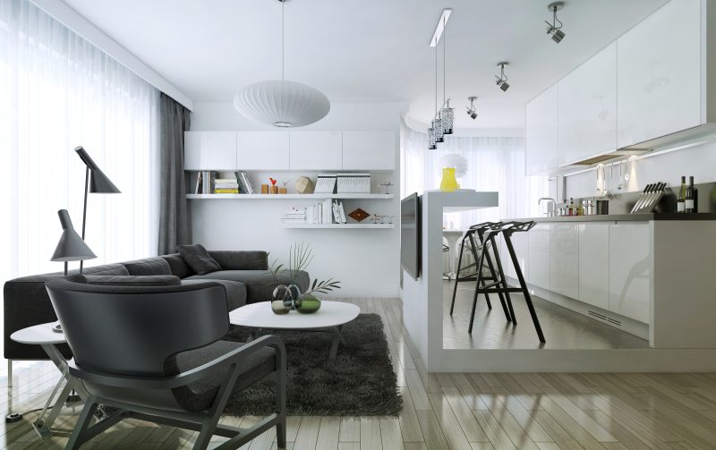 Cuisine ouverte sur salon 25m2 avec mobilier blanc brillant, canapé, table basse, tapis et étagères murales.