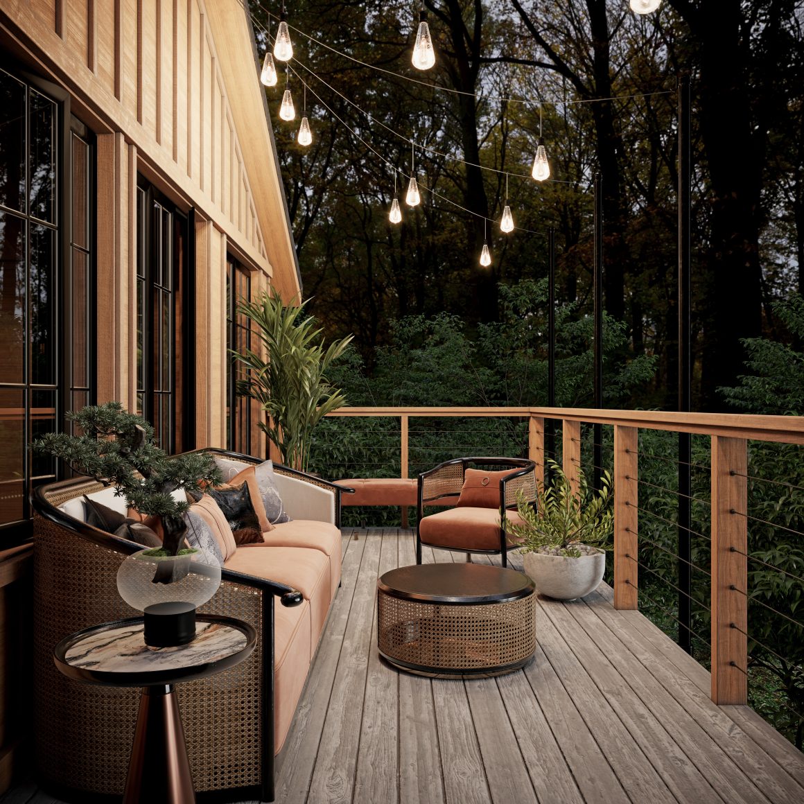 Aménager petite terrasse avec meubles en rotin, plantes et éclairage suspendu.