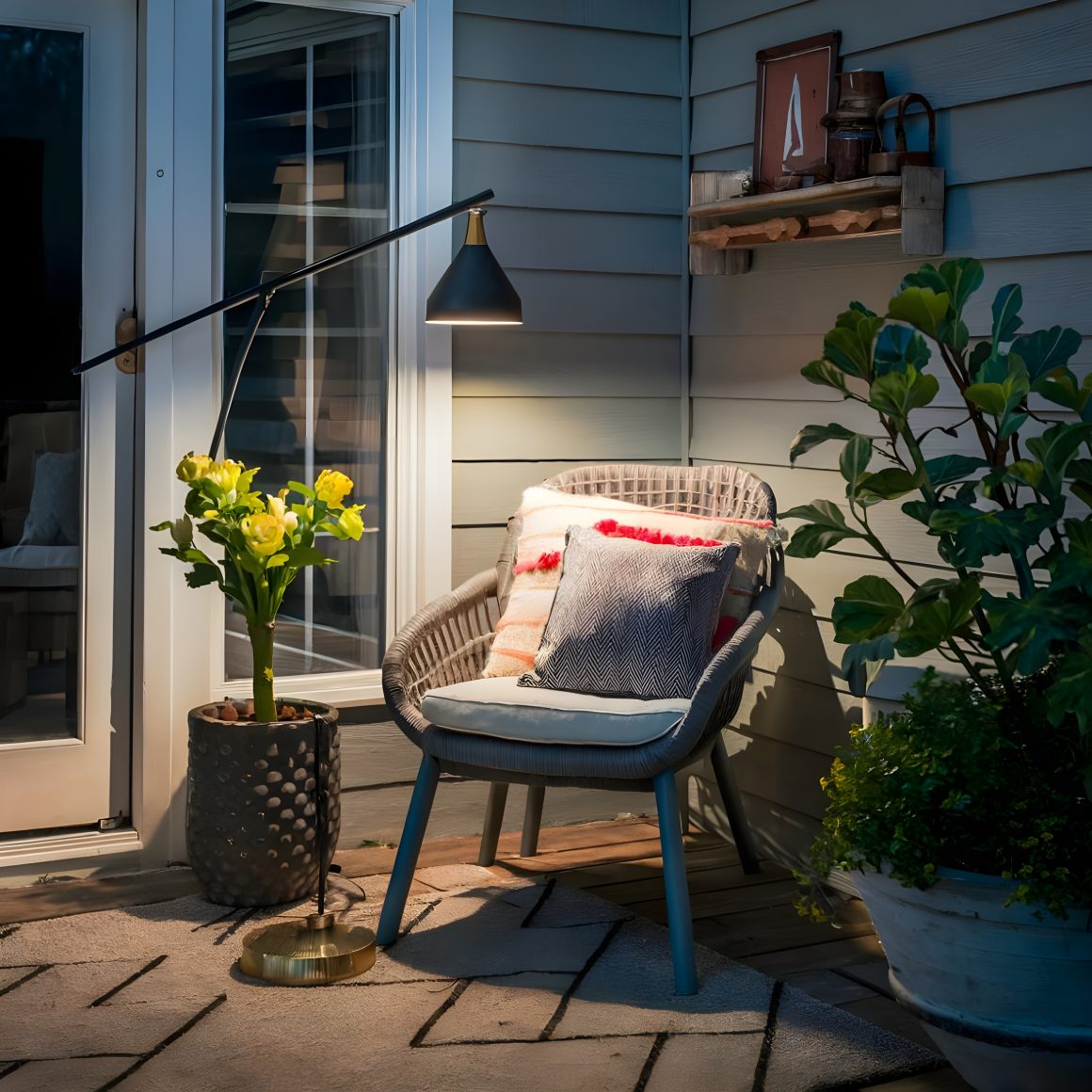 Aménagement petite terrasse avec fauteuil, étagère en bois, un lampadaire et des plantes.