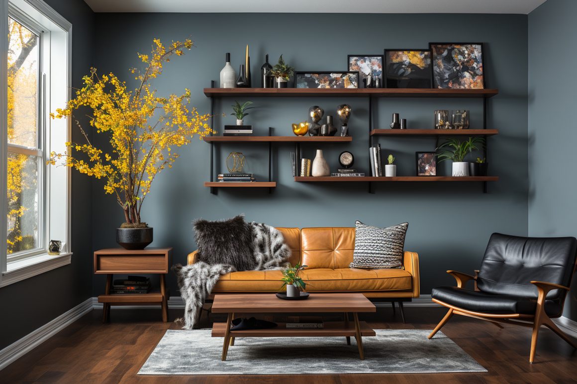 Intérieur maison moderne avec mur vert, canapé en cuir cognac, fauteuil noir et étagères en bois.