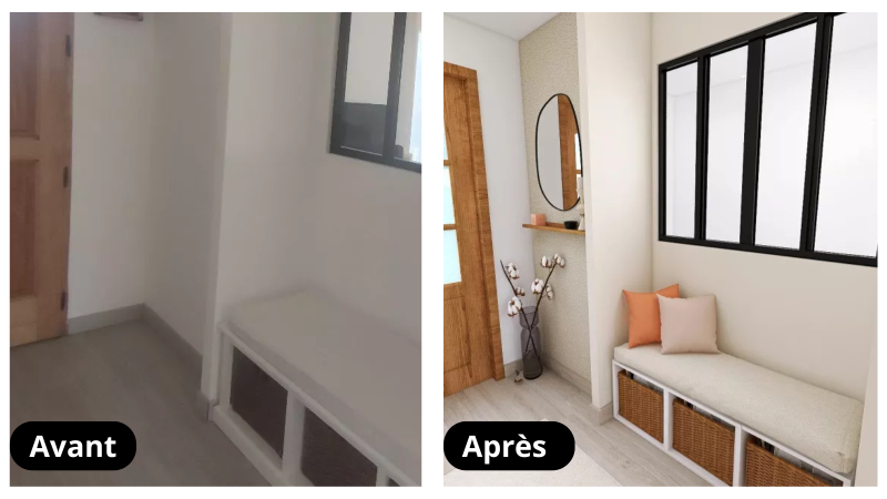 Coin d'entrée rénové avec banc coussiné, paniers en osier, miroir rond, coussins colorés et étagère en bois.