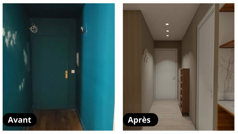 Couloir sombre bleu transformé en espace lumineux beige avec éclairage, rangement et décoration moderne.