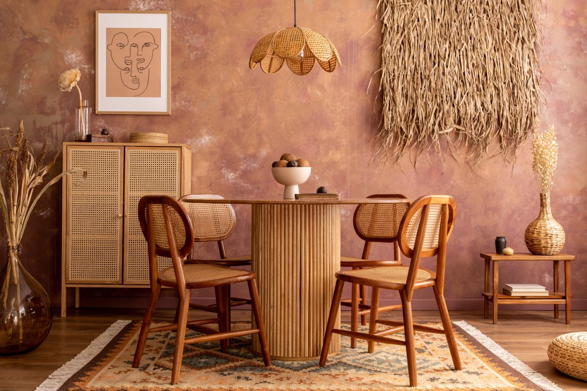 Salle à manger chaleureuse avec murs terre cuite, meubles en rotin, tapis ethnique et suspension en osier.