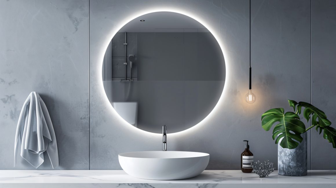 Miroir rond lumineux, lavabo blanc moderne, mur gris, serviette suspendue et plante verte décorative.