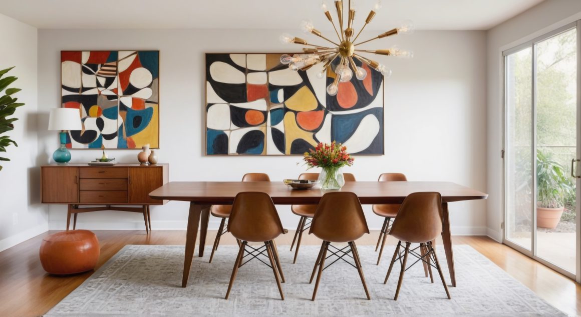 Idée déco salle à manger avec lustre doré, tapis clair, buffet vintage et tableaux abstraits colorés.