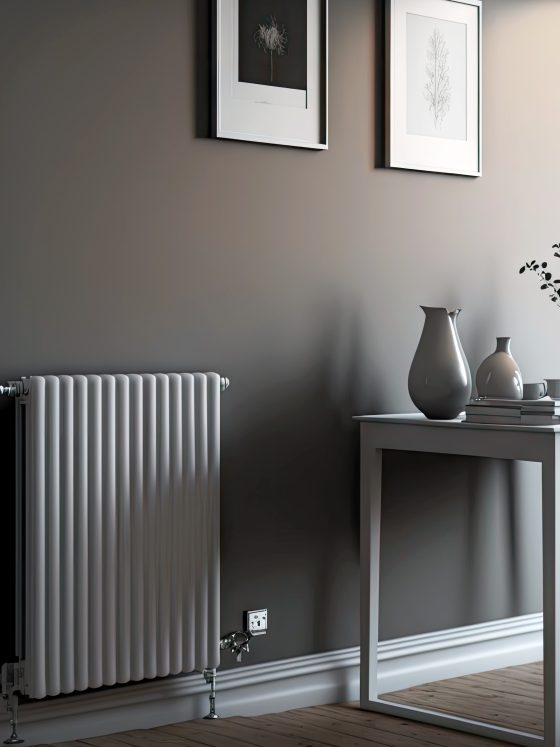 Radiateur électrique mural design dans un intérieur minimaliste incluant une table avec des objets décoratifs.