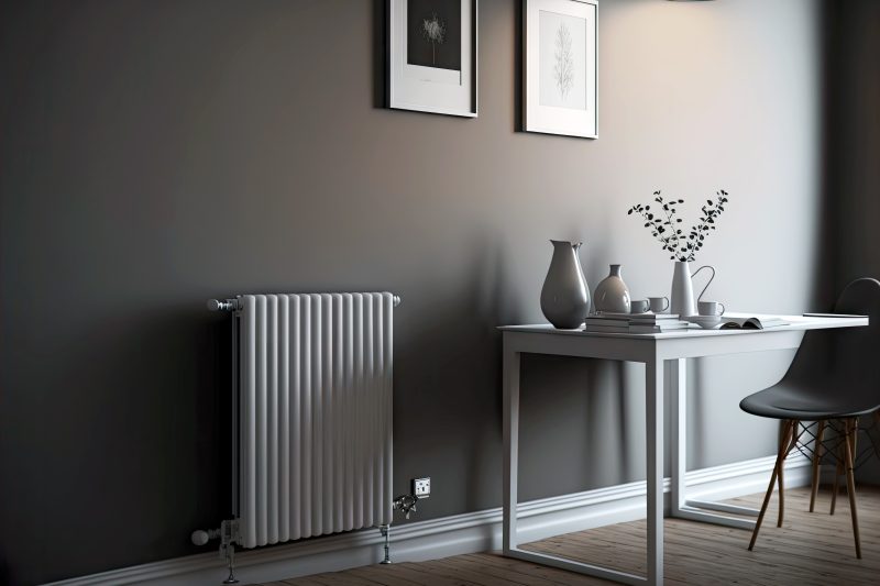 Radiateur électrique mural design dans un intérieur minimaliste incluant une table avec des objets décoratifs.