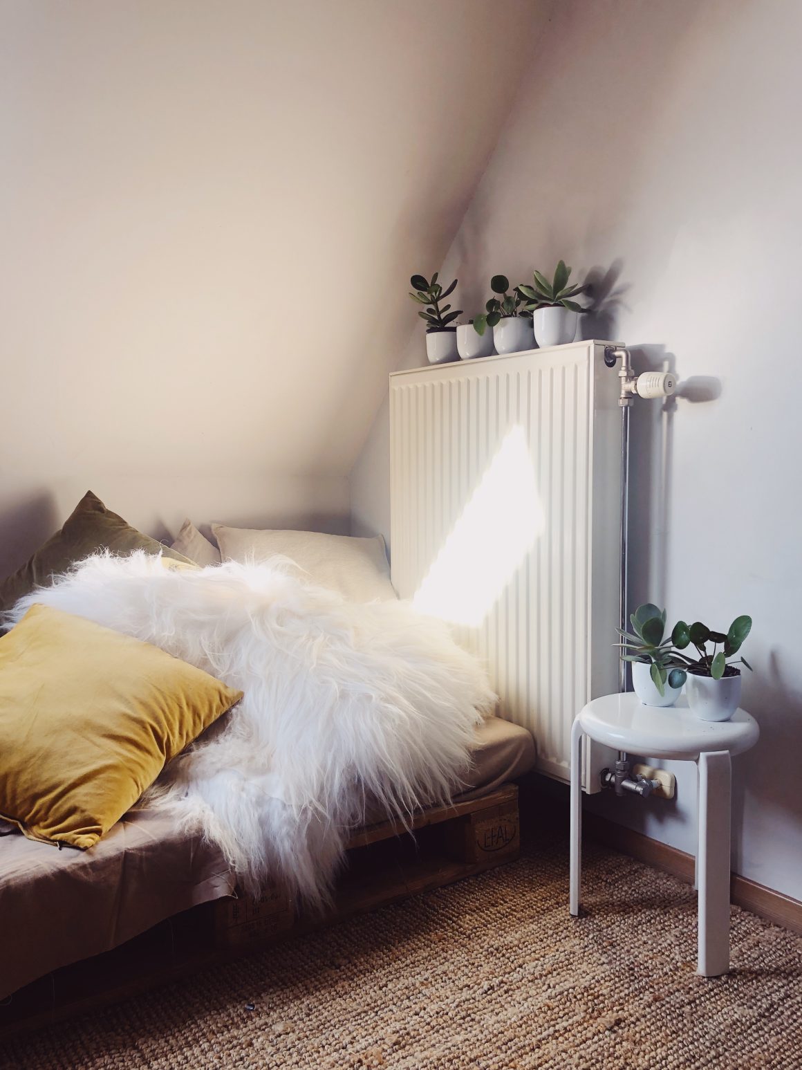 Système de chauffage fixé au mur dans un coin cocooning incluant canapé, table basse et plantes.