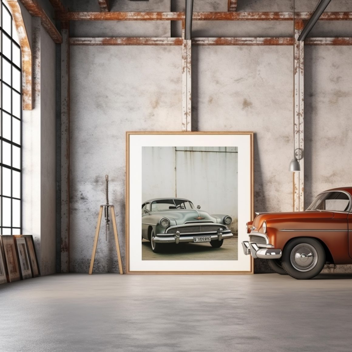 Garage au style industriel avec murs rouillés et cadre voiture vintage.