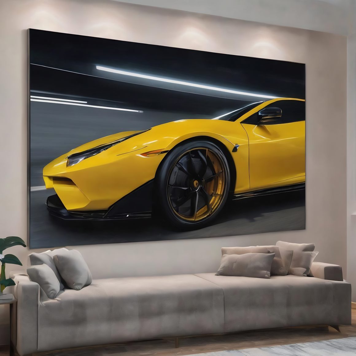 Tableau moderne d'une voiture jaune sportive dans un salon contemporain avec éclairage doux.