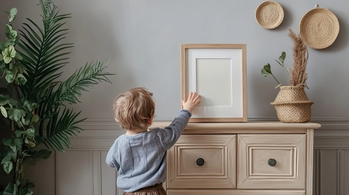 Enfant touche cadre vide posé sur commode beige incluant plantes vertes et paniers muraux décoratifs.
