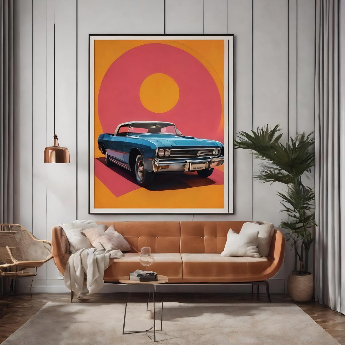 Salon moderne avec canapés marron, table basse, plante verte et cadre voiture vintage.