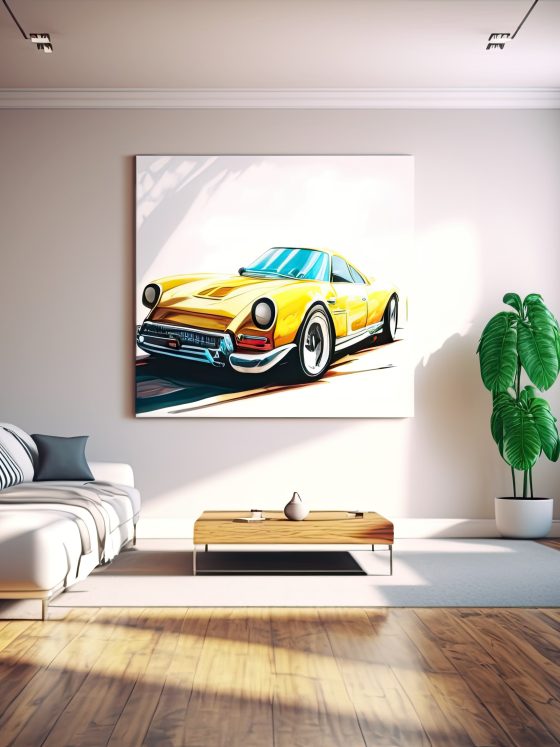 Salon moderne avec canapé blanc, table basse en bois, cadre de voiture jaune et plante verte