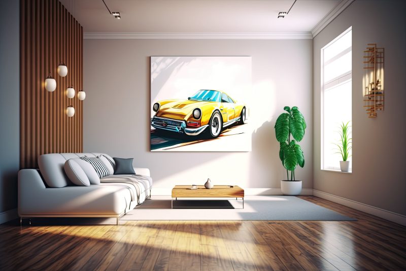 Salon moderne avec canapé blanc, table basse en bois, cadre de voiture jaune et plante verte