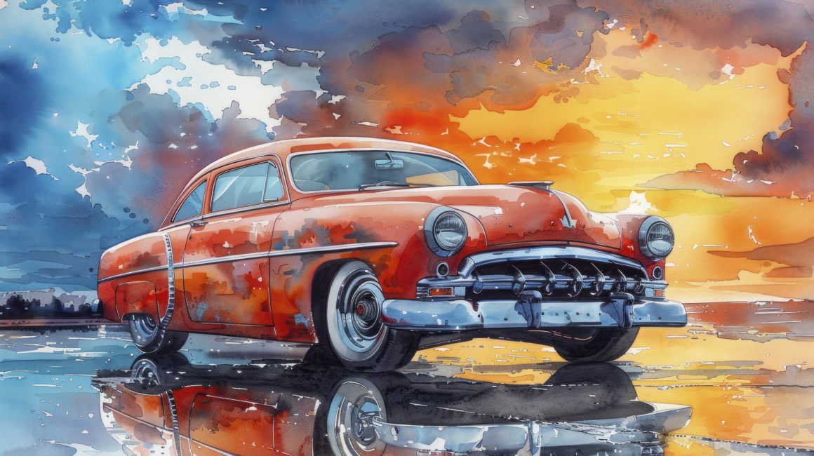 Tableau d'une voiture classique orange avec reflet dans eau et ciel vibrant au coucher.