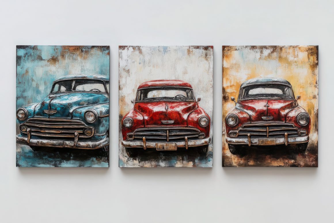 3 tableaux de voitures anciennes peintes avec couleurs vives